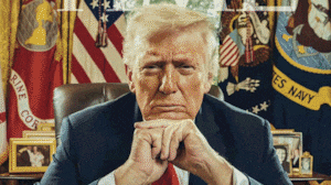 A photograph of Donald Trump on the cover of Time Magazine overlayed on a photo of Alfred Krupp taken by Arnold Newman