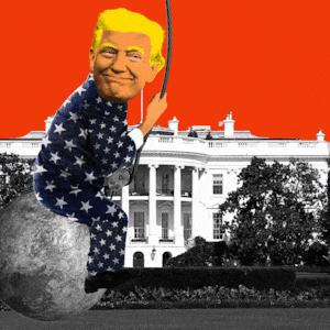 Donald Trump wearing a blue and white star suit on a wrecking ball on top of the white house