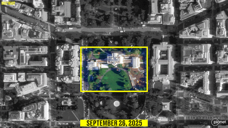 Satellite imagery showing the before and after of the demolition of the East Wing of the White House from September 26, 2025 to October 23, 2025.