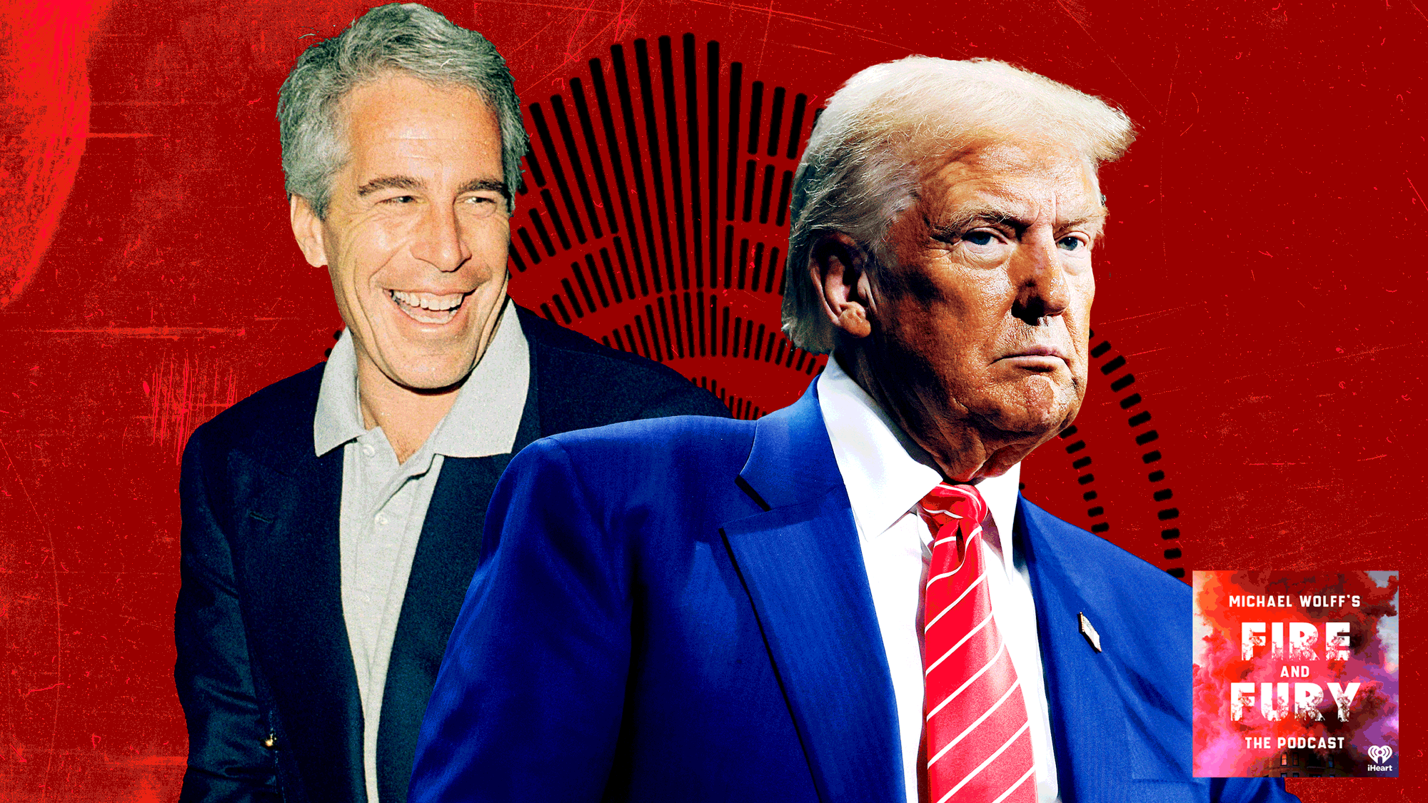 An animated gif of Jeffrey Epstein and Donald Trump and soundwaves on a red background.
