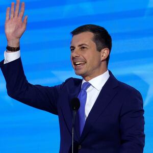 Two combined images shows Steve Bannon speaking during the Conservative Political Action Conference (CPAC) on February 20, 2025 and Pete Buttigieg arriving on stage during the third day of the Democratic National Convention on August 21, 2024.