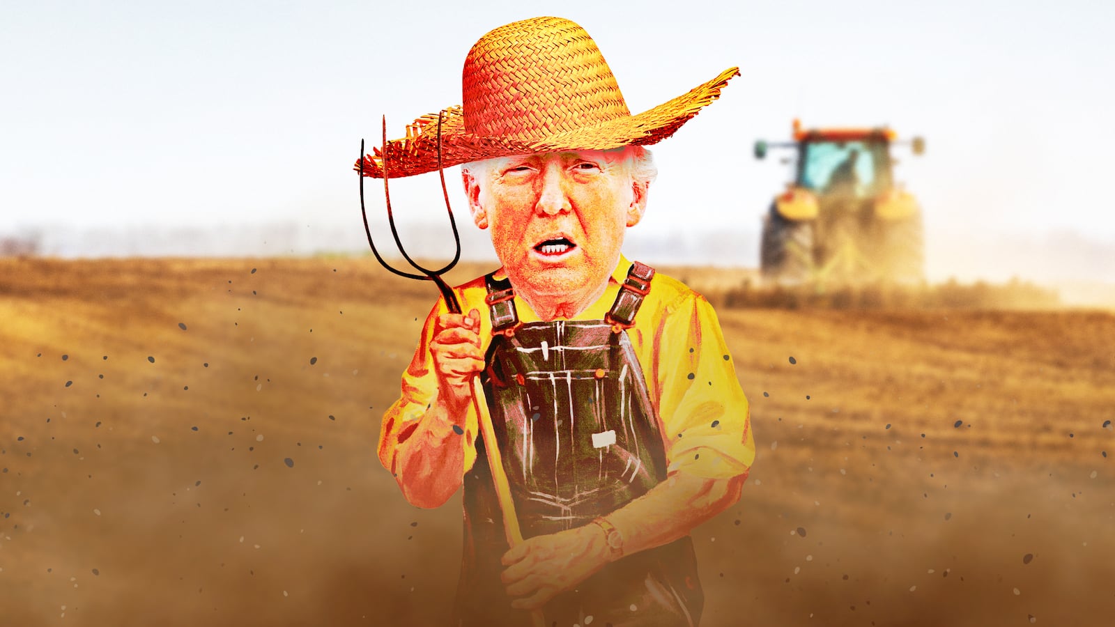 A photo illustration of Donald Trump dressed as a farmer in front of a dusty dirt field.