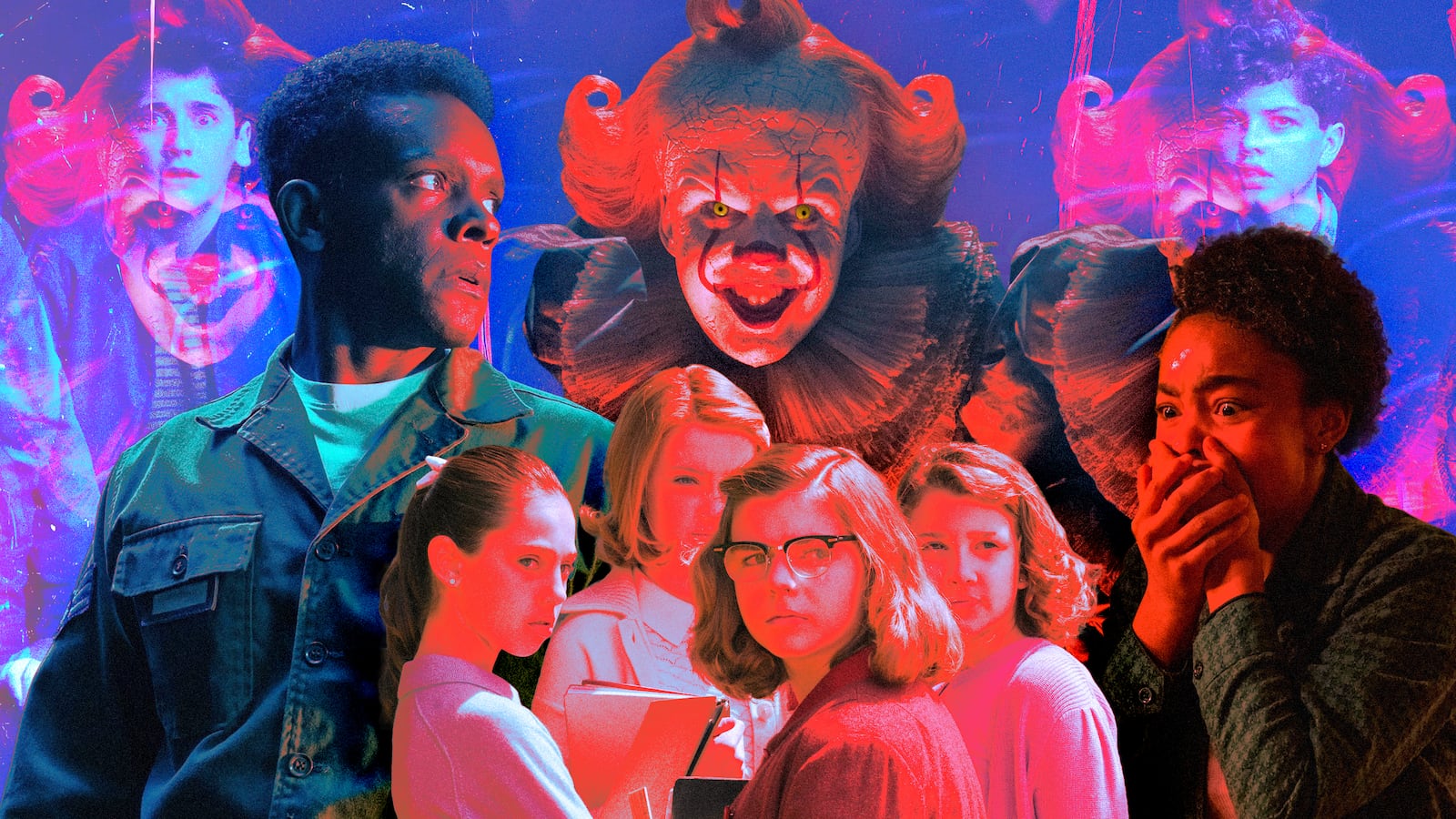 A photo illustration of IT: Welcome To Derry scenes.