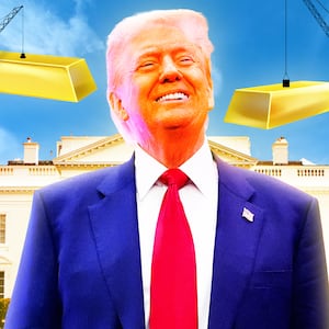 A photo illustration of Donald Trump in front of the White House with cranes holding gold bricks.
