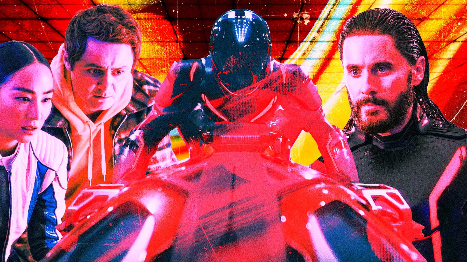 A photo illustration of Greta Lee as Eve Kim, Jared Leto as Ares, and Arturo Castro as Seth Flores in Tron: Ares.