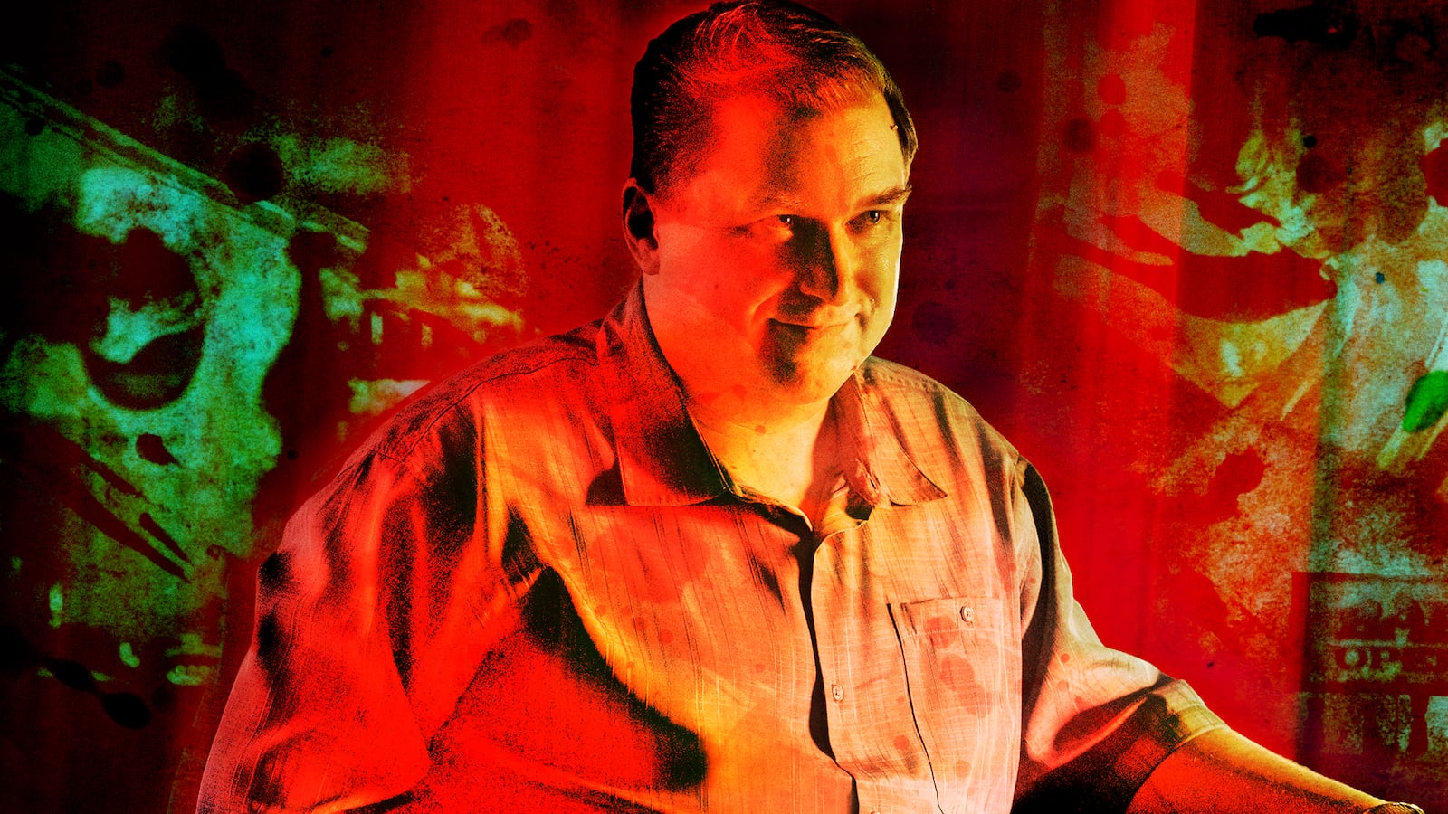 A photo illustration of Michael Chernus as John Wayne Gacy in Devil In Disguise: John Wayne Gacy.