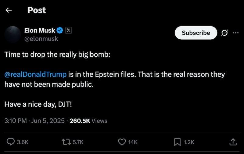 Elon Musk’s post that accused President Donald Trump of being in the Epstein files on Thursday.