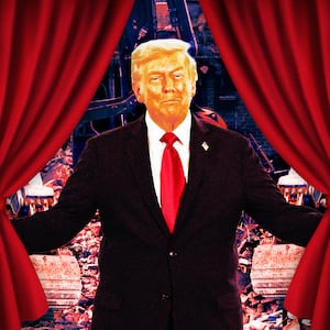 A photo illustration of Donald Trump in front of a red curtain in front of the destruction of The White House East Wing.