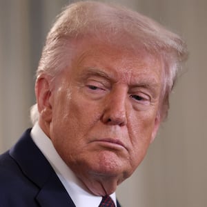 WASHINGTON, DC - SEPTEMBER 29: U.S. President Donald Trump looks on as Israeli Prime Minister Benjamin Netanyahu delivers remarks during a joint news conference in the State Dining Room at the White House on September 29, 2025 in Washington, DC. President Trump welcomed Netanyahu for his fourth visit to the White House, where the two leaders met to discuss the latest U.S. backed plans to end the war in Gaza and secure the release of the remaining hostages held by Hamas.  (Photo by Win McNamee/Getty Images)