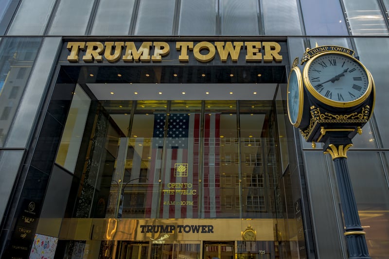 MANHATTAN, NEW YORK, UNITED STATES - 2025/06/09: Marquee and clock at the main entrance to the Trump Tower building in Manhattan. (Photo by Erik McGregor/LightRocket via Getty Images)