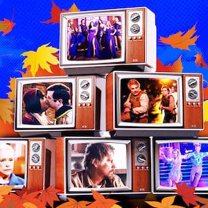 A photo illustration of Fall television and falling leaves. RHOSLC, Task, Ghosts, The Lowdown, Matlock and Dancing With the Stars.