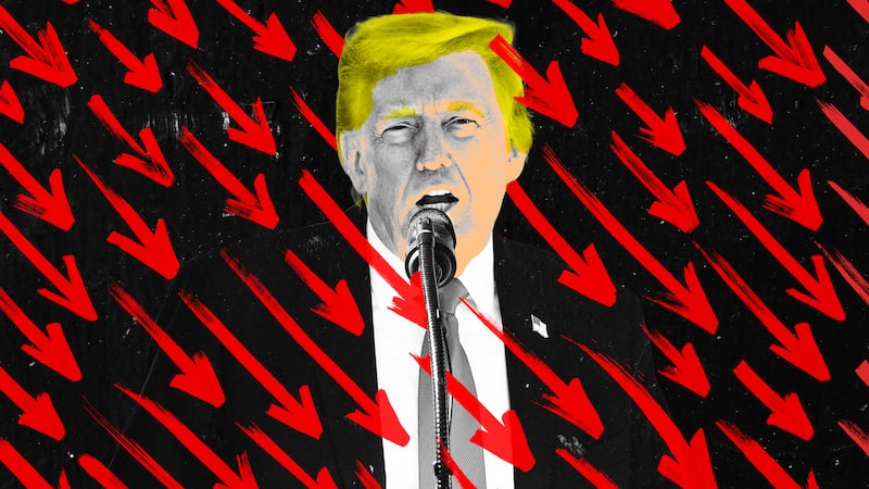A photo illustration of Donald Trump and falling red arrow approval ratings.