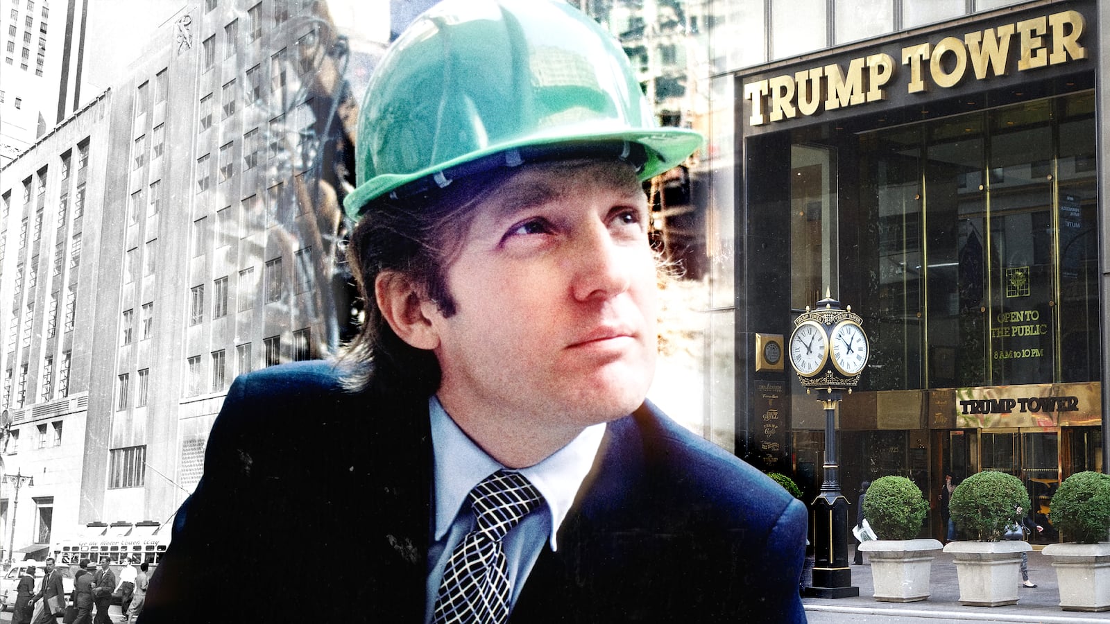 A photo composite of Donald Trump in 1980 at the Trump Tower construction site and the former Bonwit Teller Fifth Avenue store.
