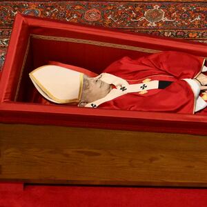 Pope Francis lies in state in a coffin at St. Peter's Basilica.