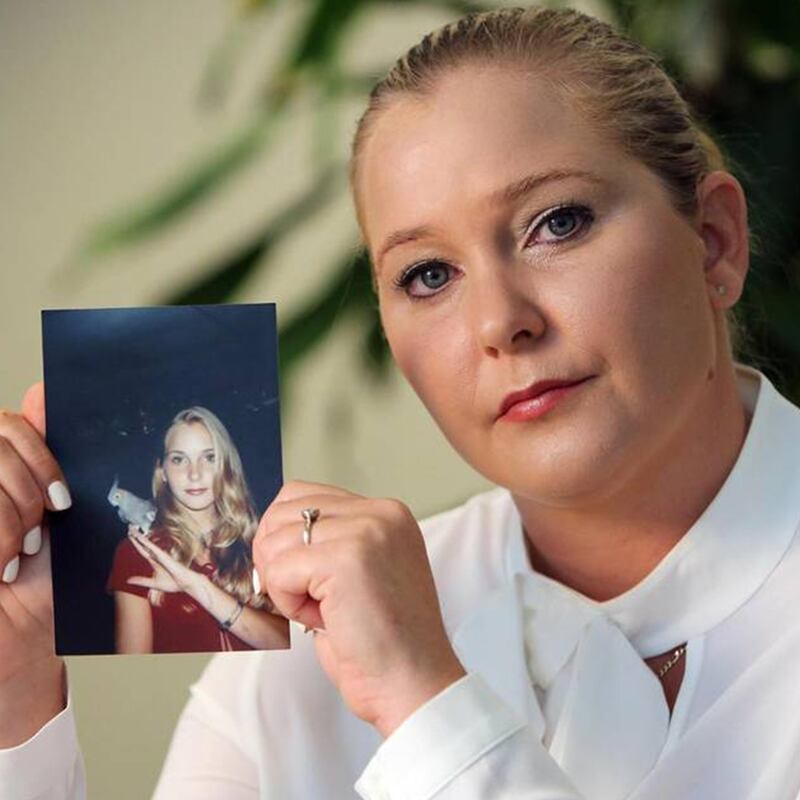 Virginia Roberts Giuffre, with a photo of herself as a teen