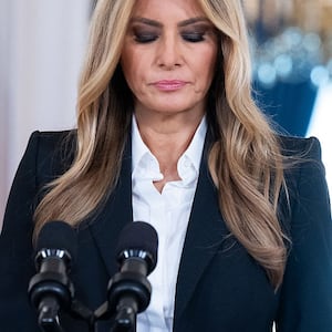 US First Lady Melania Trump speaks about communication with Russian President Vladimir Putin regarding the fate of Ukrainian children, in the Grand Foyer of the White House in Washington, DC, on October 10, 2025.