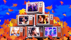 A photo illustration of Fall television and falling leaves. RHOSLC, Task, Ghosts, The Lowdown, Matlock and Dancing With the Stars.