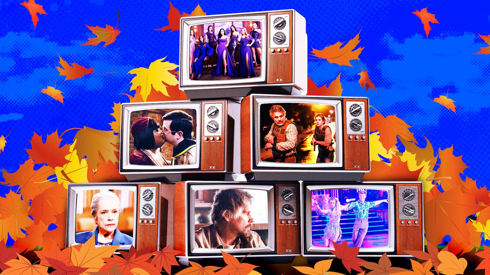A photo illustration of Fall television and falling leaves. RHOSLC, Task, Ghosts, The Lowdown, Matlock and Dancing With the Stars.