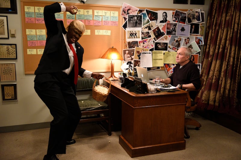 SATURDAY NIGHT LIVE -- "Alec Baldwin" Episode 1718 -- Pictured: (l-r) Leslie Jones and Lorne Michaels during the "Leslie Wants to Play Trump" sketch on February 10, 2017 -- (Photo by: Will Heath/NBCU Photo Bank/NBCUniversal via Getty Images via Getty Images)