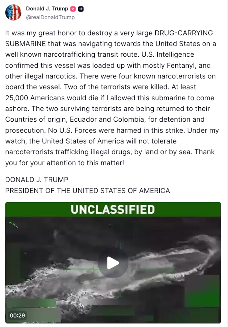 Trump Truth Social post confirming strike on submarine