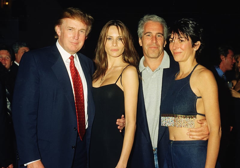 From left, American real estate developer Donald Trump and his girlfriend (and future wife), former model Melania Knauss, financier (and future convicted sex offender) Jeffrey Epstein, and British socialite Ghislaine Maxwell pose together at the Mar-a-Lago club, Palm Beach, Florida, February 12, 2000. (Photo by Davidoff Studios/Getty Images)