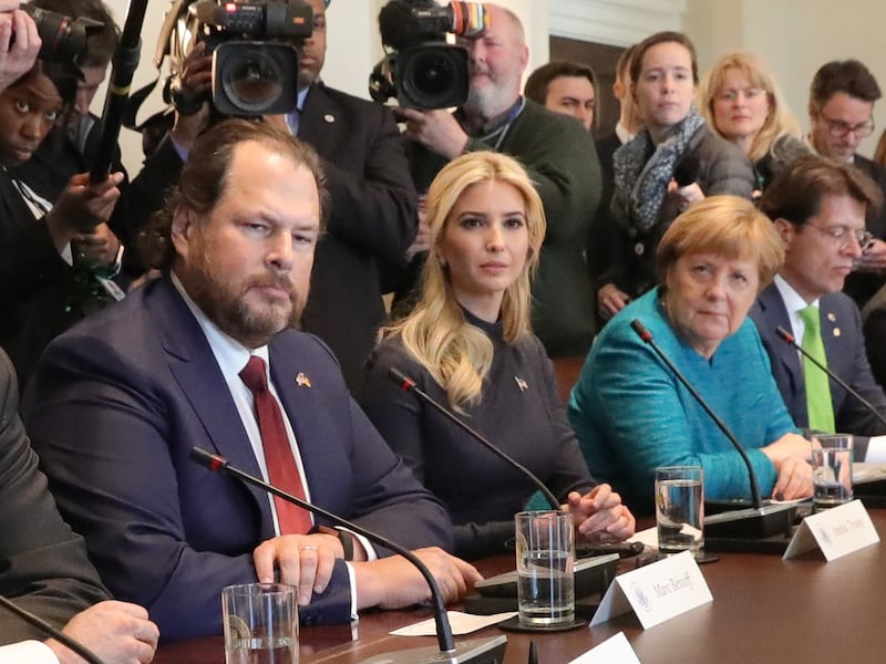 German Chancellor Angela Merkel and US President Donald Trump meet each other with their delegations at the White House in Washington, US, 17 March 2017. From left: Siemens boss Joe Kaeser, Trump's economic advisor Gary Cohn, Salesforce CEO Marc Benioff, Ivanka Trump and Angela Merkel. Photo: Michael Kappeler/dpa | usage worldwide   (Photo by Michael Kappeler/picture alliance via Getty Images)