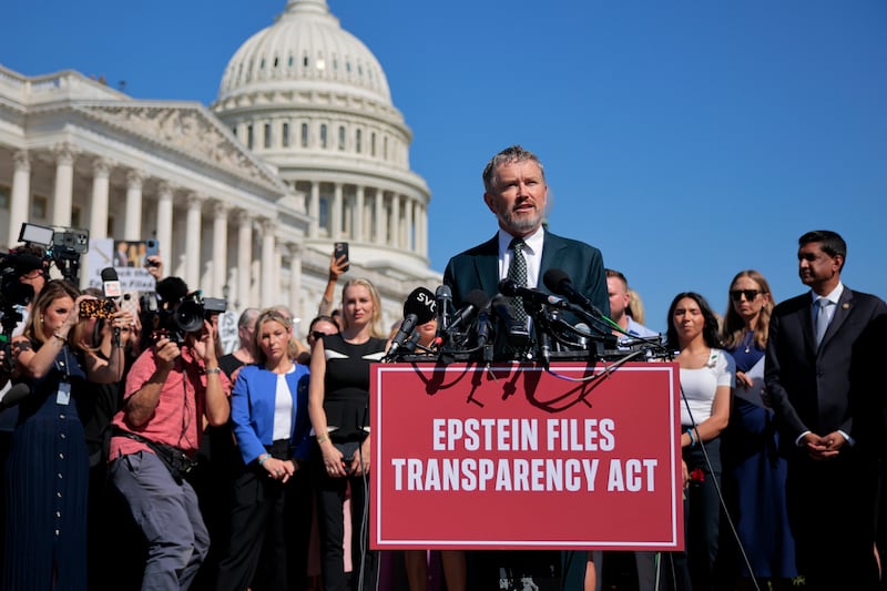 GOP Rep. Thomas Massie (R-KY) speaks during a news conference with alleged victims of disgraced financier and sex trafficker Jeffrey Epstein outside the U.S. Capitol on September 03, 2025 in Washington, DC after filing a discharge petition to force a vote on legislation from him and Rep. Ro Khanna to release the Epstein files.