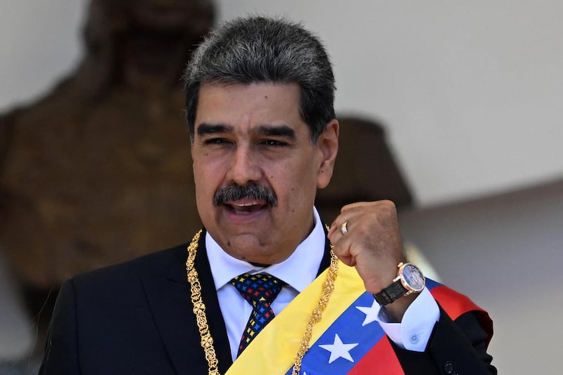 Venezuela's President Nicolas Maduro gestures after taking the oath during the presidential inauguration in Caracas on January 10, 2025.