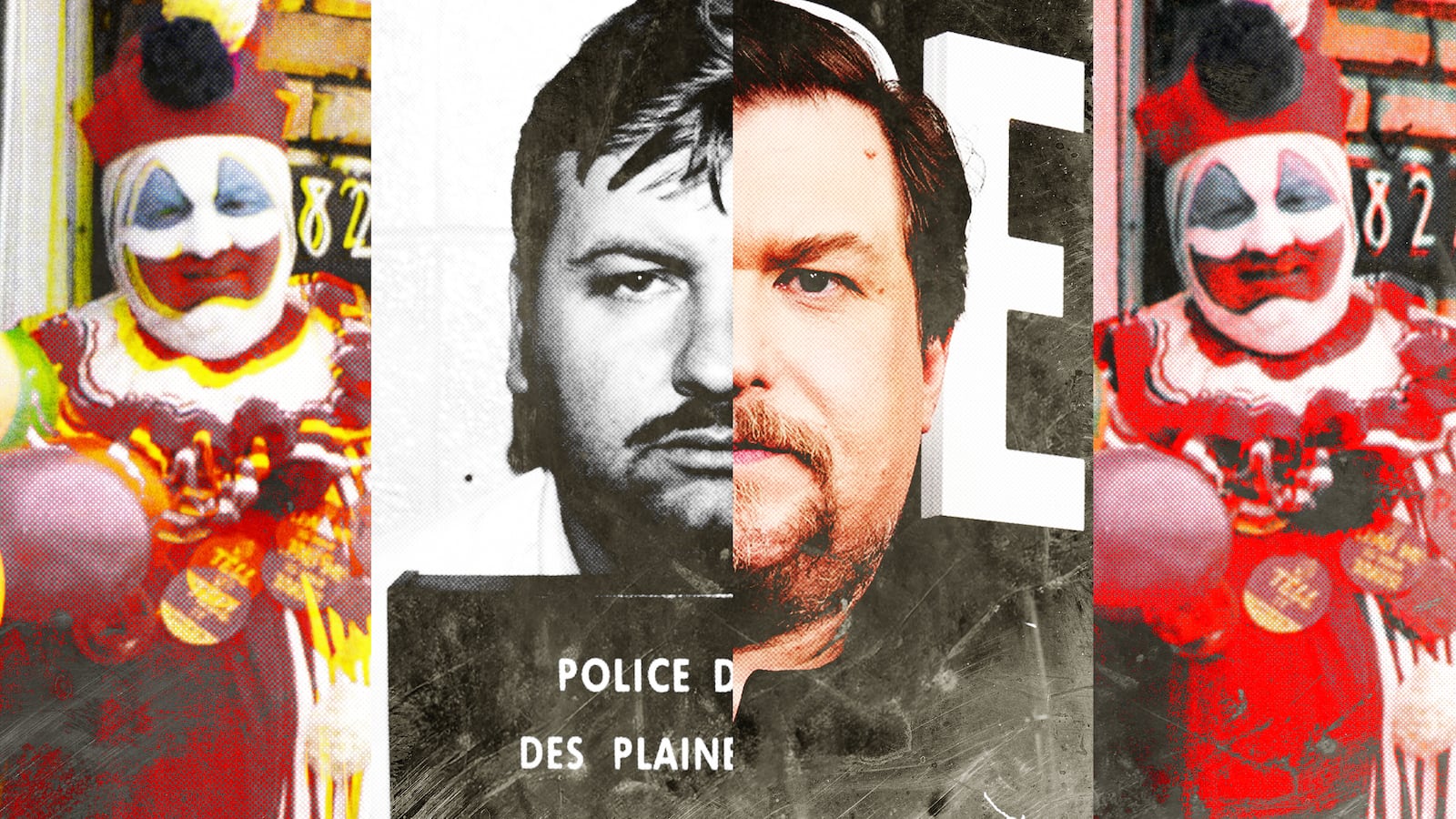 A photo illustration of John Wayne Gacy and Michael Chernus.