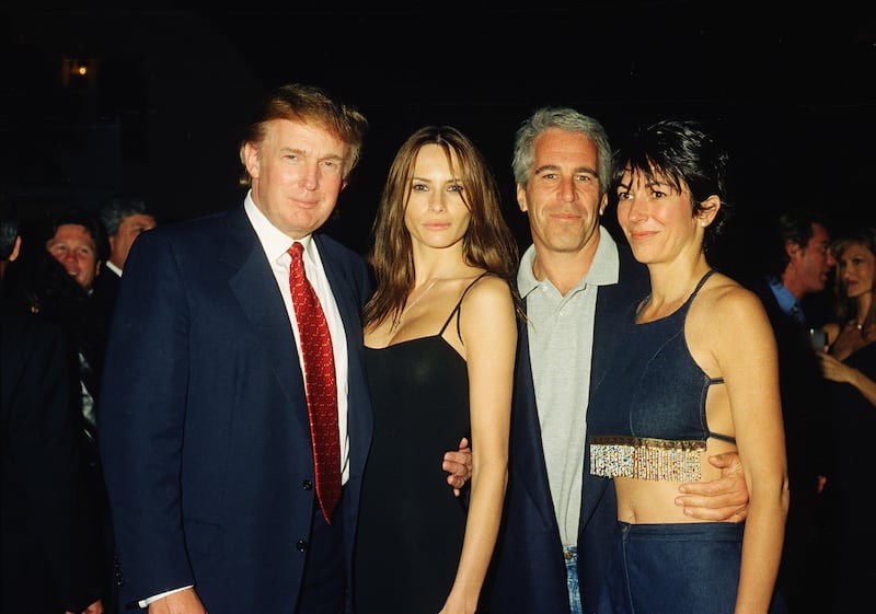 Donald Trump, Melania Trump, Jeffrey Epstein Ghislaine Maxwell pose together at the Mar-a-Lago club, Palm Beach, Florida, February 12, 2000.