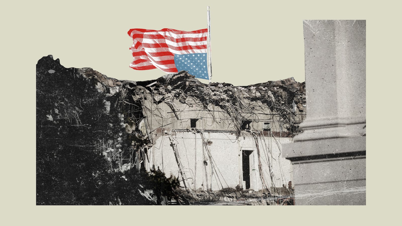 Illustration of the destruction of the East Wing of the White House with an upside down American flag