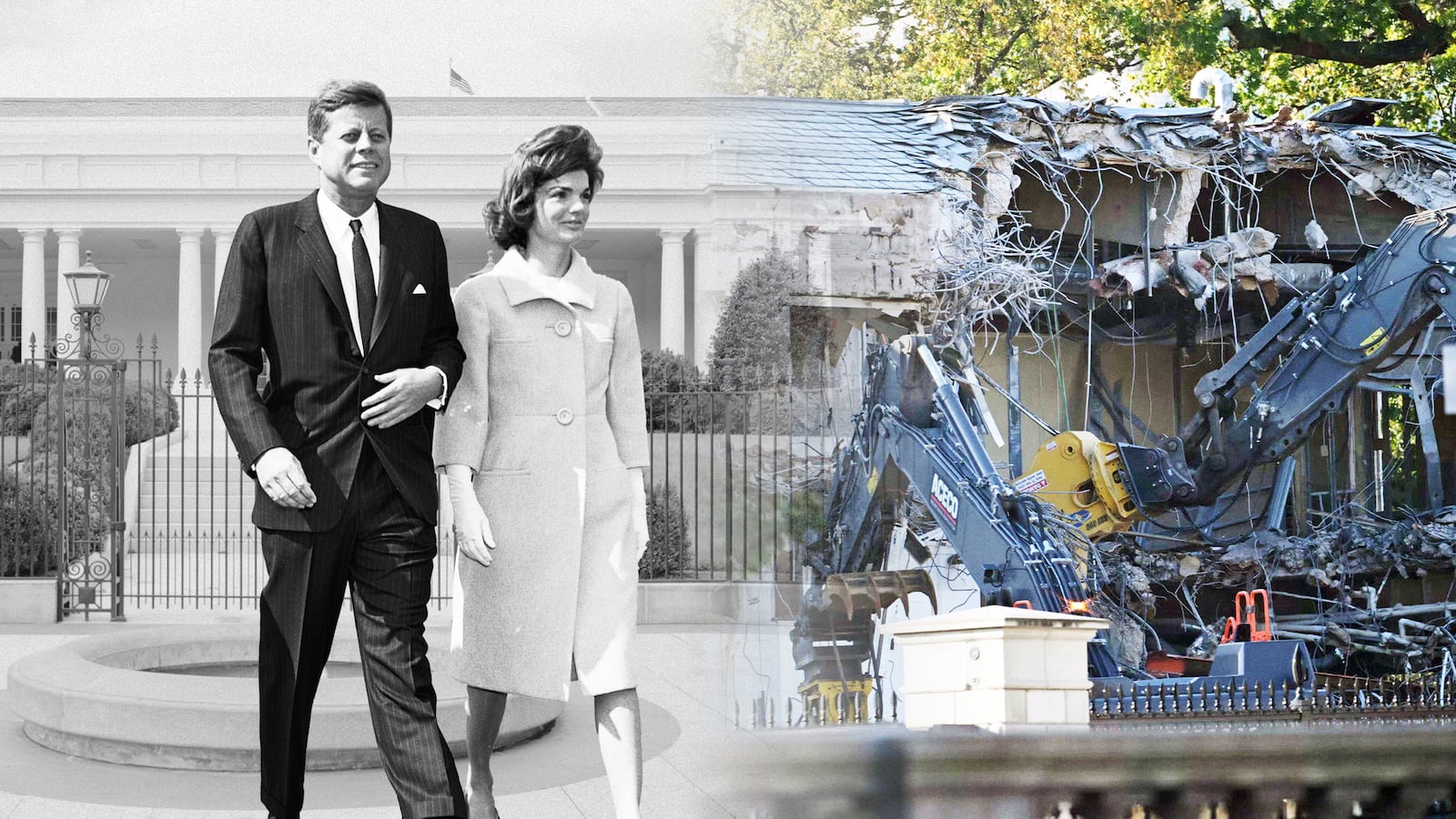 A photo illustration of President John F. Kennedy and first lady Jacqueline Kennedy  in front of the East Wing of the White House.