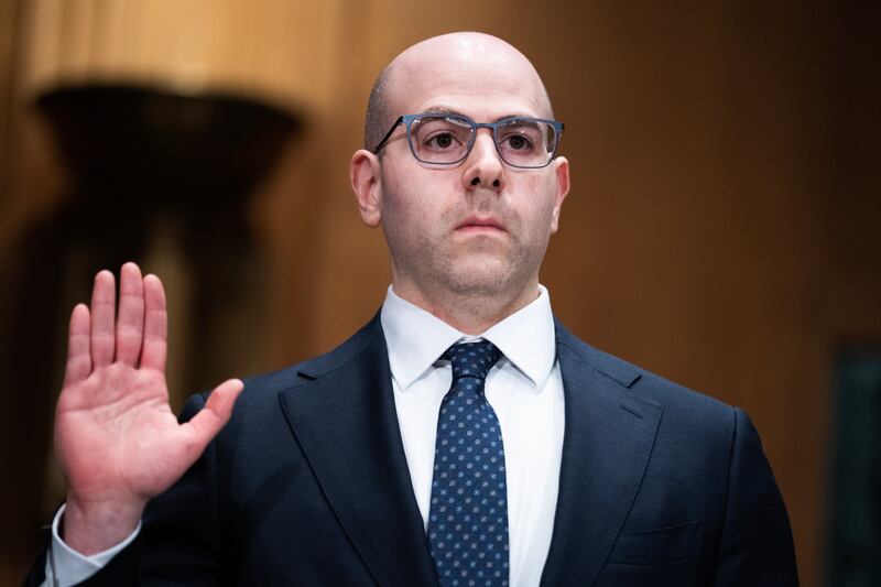 Stephen Miran is sworn in to during a Senate Banking, Housing and Urban Affairs Committee confirmation hearing in Dirksen building on February 27, 2025.