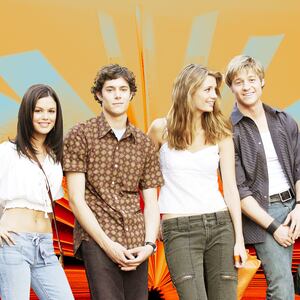 A photo illustration of Rachel Bilson, Adam Brody, Mischa Barton and Benjamin McKenzie in front of an open book