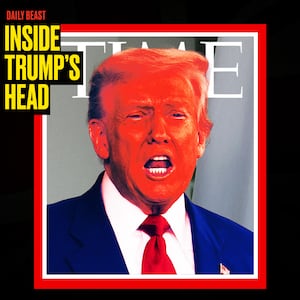 A photo illustration of President Donald Trump yelling on a mockup cover of TIME magazine. Inside Trump's Head podcast.