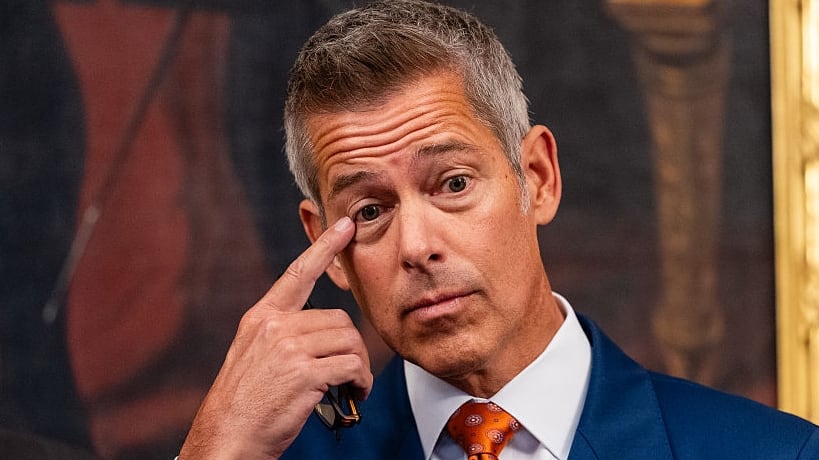 U.S. Secretary of Transportation Sean Duffy gestures during a press conference on air traffic controller pay and the government shutdown at the U.S. Capitol on October 23, 2025 in Washington, DC.