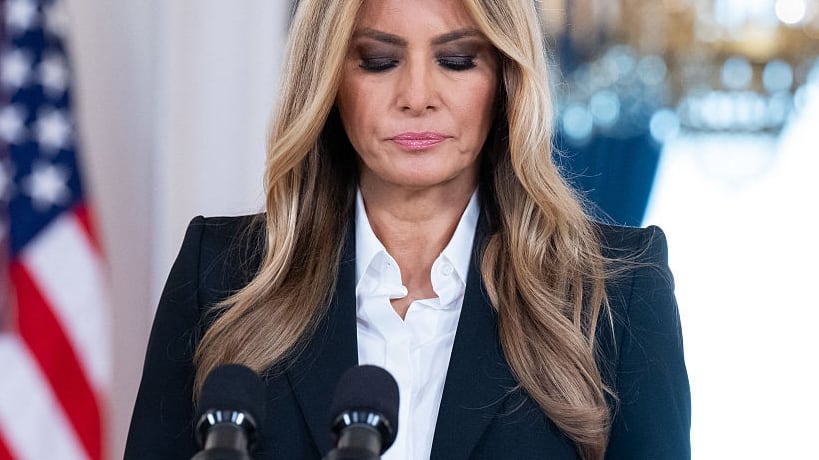 US First Lady Melania Trump speaks about communication with Russian President Vladimir Putin regarding the fate of Ukrainian children, in the Grand Foyer of the White House in Washington, DC, on October 10, 2025.