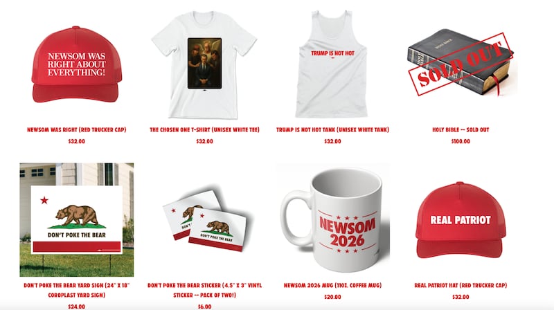 Newsom's merch, including the sold out bible.