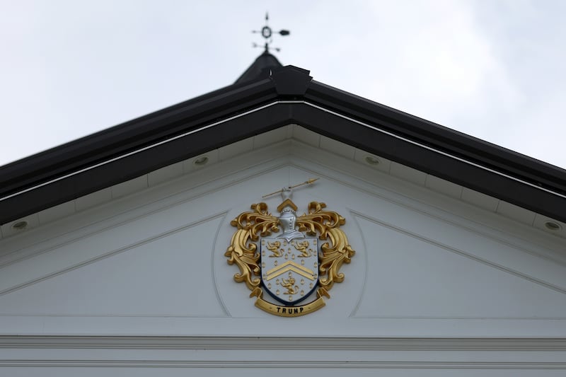 STERLING, VIRGINIA - MAY 27: A detail of the logo above the indoor tennis center during day two of the LIV Golf Invitational - DC at Trump National Golf Club on May 27, 2023 in Sterling, Virginia. (Photo by Rob Carr/Getty Images)
