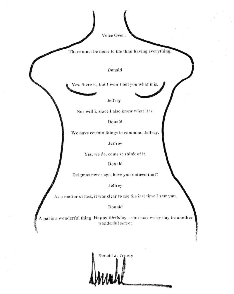 Donald Trump's birthday doodle drawing letter to Jeffrey Epstein.