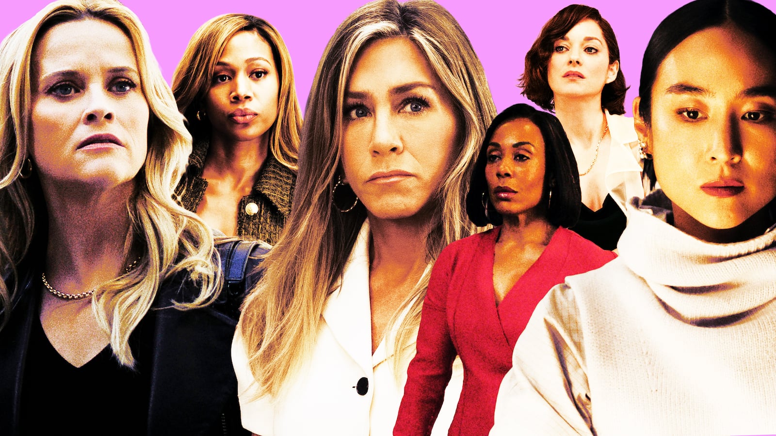 Reese Witherspoon, Jennifer Aniston, Greta Lee, Karen Pittman, Nicole Beharie, and Marion Cotillard on The Morning Show.