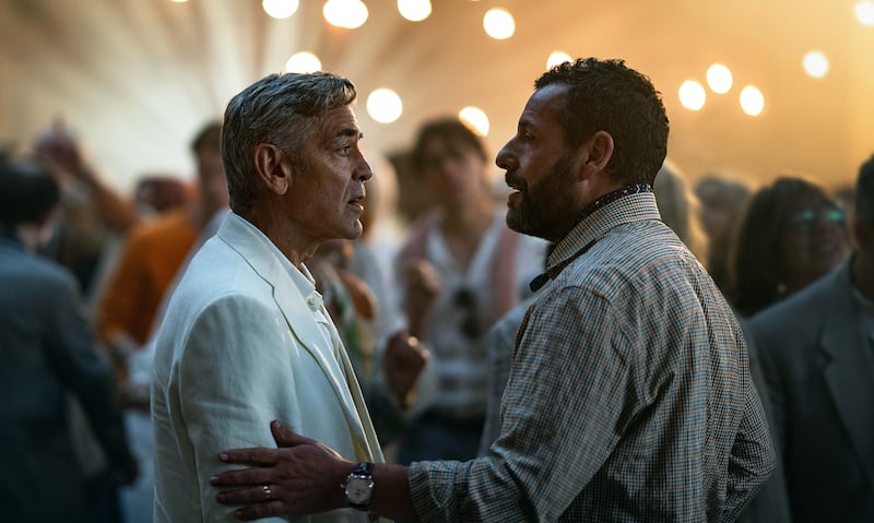 (L-R) George Clooney as Jay Kelly and Adam Sandler as Ron Sukenick in Jay Kelly.