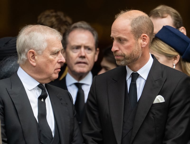Prince Andrew, Duke of York and Prince William, Prince of Wales at the funeral for the Duchess of Kent