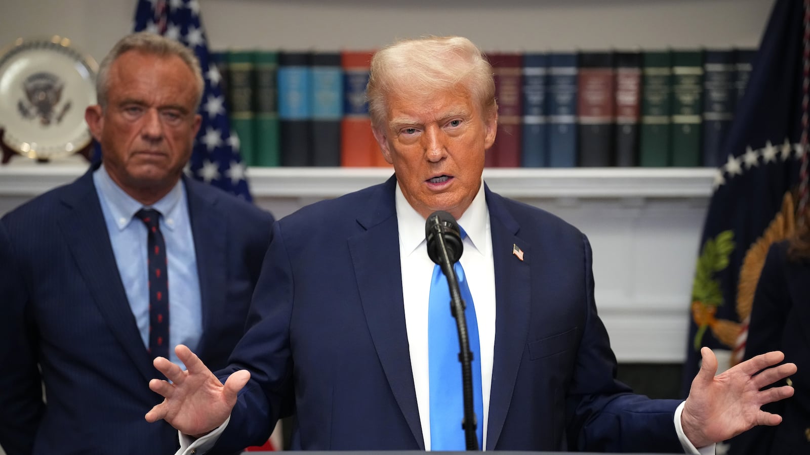 WASHINGTON, DC - SEPTEMBER 22: U.S. President Donald Trump answers questions after making an announcement on “significant medical and scientific findings for America’s children” in the Roosevelt Room of the White House on September 22, 2025 in Washington, DC. Federal health officials suggested a link between the use of acetaminophen during pregnancy as a risk for autism, although many health agencies have noted inconclusive results in the research. (Photo by Andrew Harnik/Getty Images)