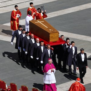 The coffin of Pope Francis is carried during the funeral Mass of Pope Francis in St. Peter's Square at the Vatican, April 26, 2025.