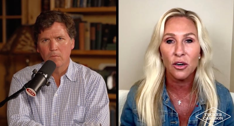 Tucker Carlson and Marjorie Taylor Greene talk secret Trump enemies.