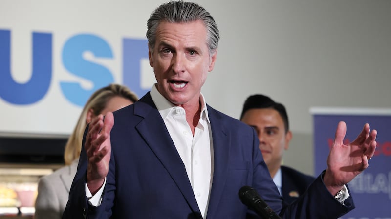 California Governor Gavin Newsom speaks at Belvedere Middle School on October 8, 2025 in Los Angeles, California.