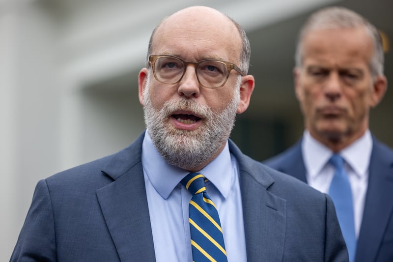 WASHINGTON DC, UNITED STATES- SEPTEMBER 29: Office of Management and Budget Director Russ Vought accompanied by Vice President J.D. Vance, Senate Majority Leader John Thune (R-SD), and House Speaker Mike Johnson (R-LA), speaks during a press conference following a meeting between President Trump and Congressional Democratic leaders on funding the government, in Washington, DC on September 29, 2025. (Photo by Nathan Posner/Anadolu via Getty Images)